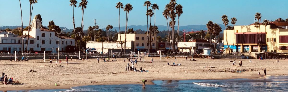 Santa Cruz Beach in California with palm trees, people, and buildings around during the day.