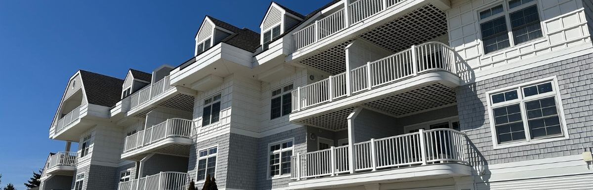 Exterior of Water's Edge Resort and Spa with balconies in Westbrook, Connecticut, USA.