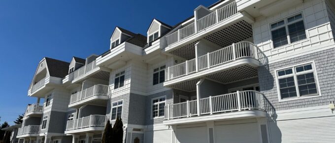 Exterior of Water's Edge Resort and Spa with balconies in Westbrook, Connecticut, USA.