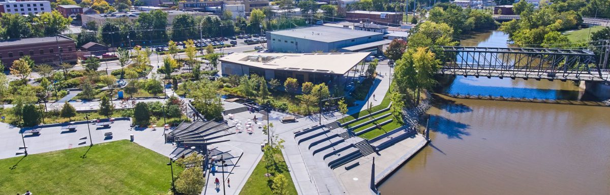 Aerial of Promenade Park in downtown Fort Wayne, Indiana, USA.