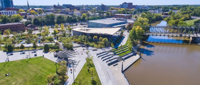 Aerial of Promenade Park in downtown Fort Wayne, Indiana, USA.