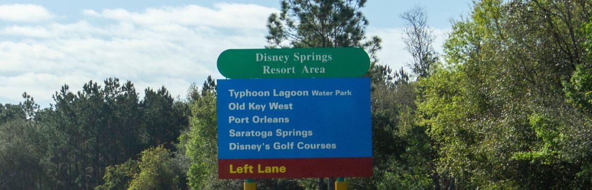 Sign marking the various resorts at the Disney Springs Resort Area inside DisneyWorld area in Orlando, Florida, USA.