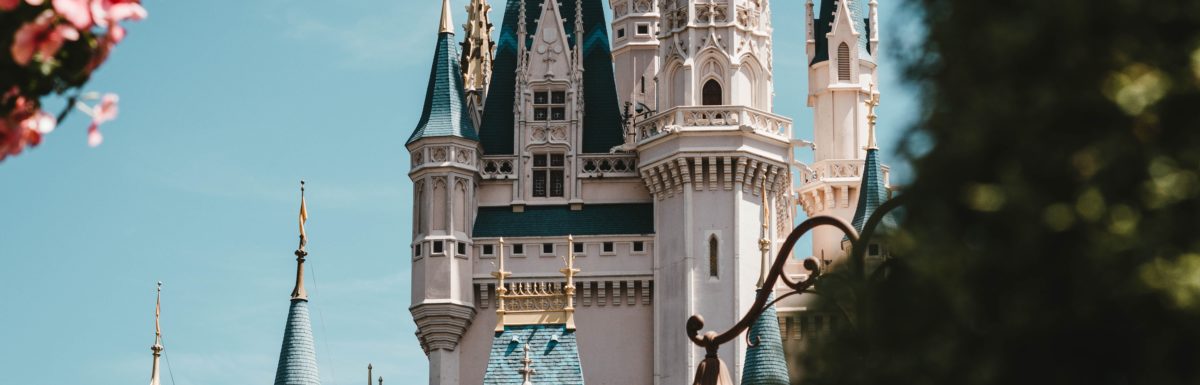 Close-up of Disneyland Castle with flowers and topiary