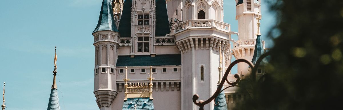 A photo of white and blue castle in Disney World, Florida, USA.