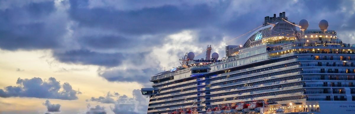 A cruise ship in the middle of the sea with stunning lights in St. Thomas, U.S. Virgin Islands.