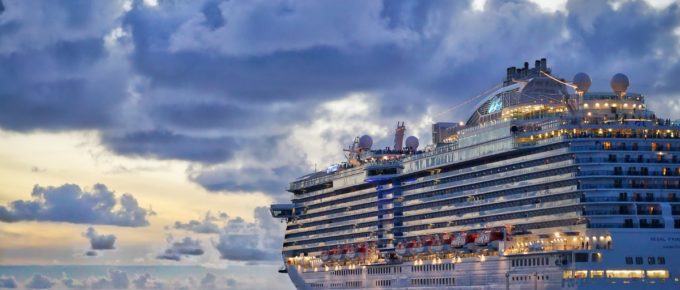 A cruise ship in the middle of the sea with stunning lights in St. Thomas, U.S. Virgin Islands.