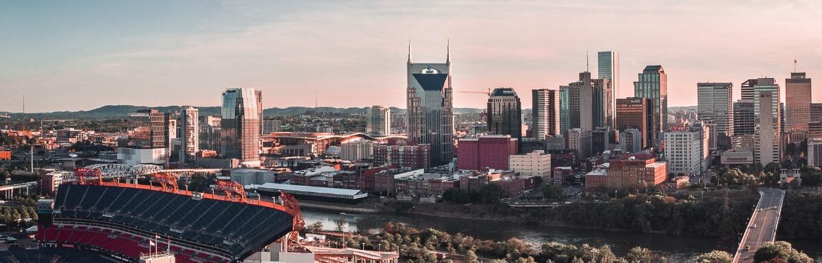 Downtown Nashville skyline at sunset, the week before the NFL draft.