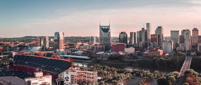 Downtown Nashville skyline at sunset, the week before the NFL draft.
