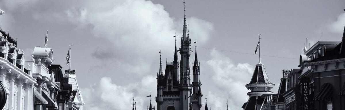 Grayscale of the main street in Walt Disney World Resort, Orlando, Florida, USA.