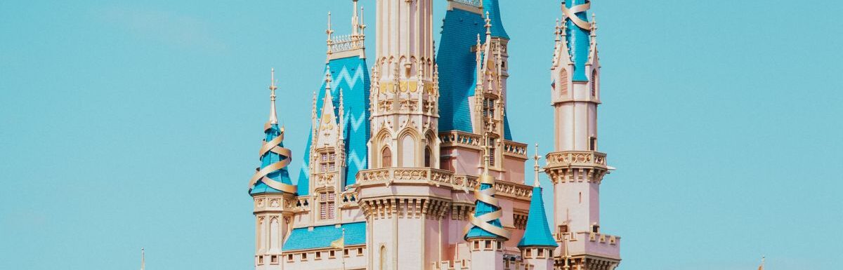 A castle with blue and white domes in Disney World, Orlando, Florida, USA.