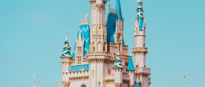 A castle with blue and white domes in Disney World, Orlando, Florida, USA.