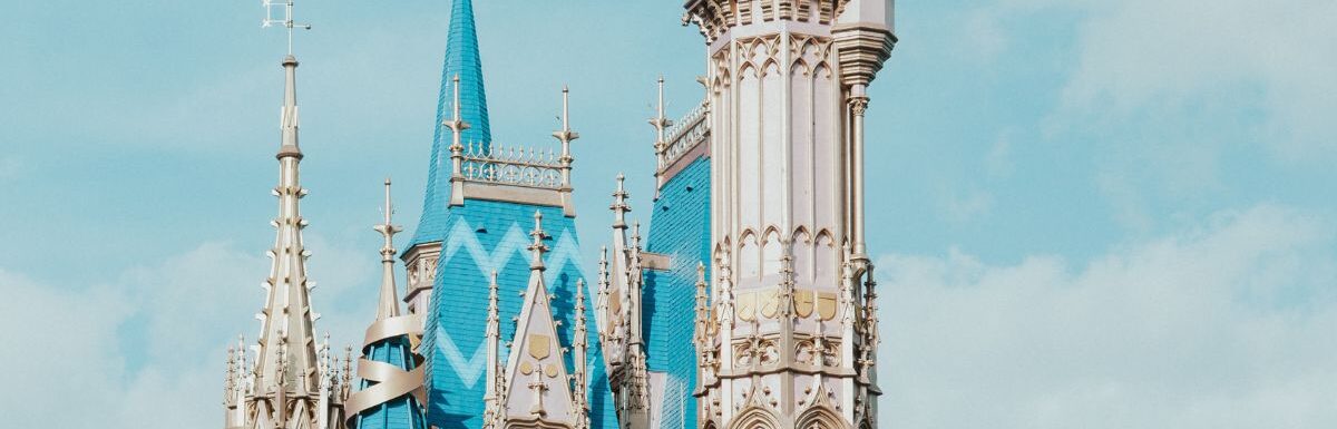 A large white and blue castle in Disney World, Orlando, Florida, USA.