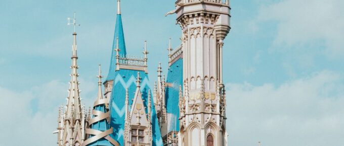 A large white and blue castle in Disney World, Orlando, Florida, USA.