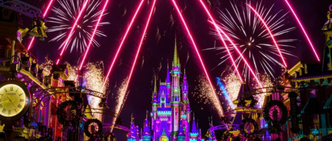 Spectacular fireworks display on the castle at Magic Kingdom in Orlando, Florida.