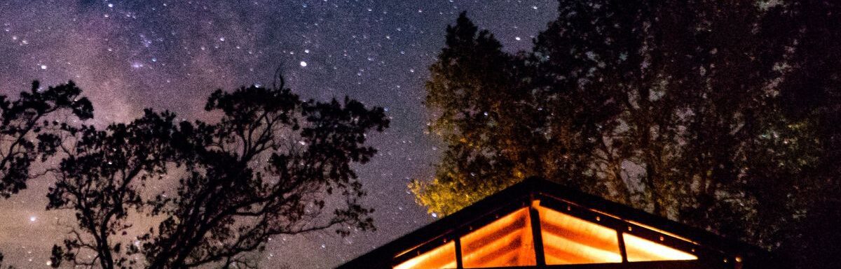 Silhouette of a cabin near trees during nighttime.