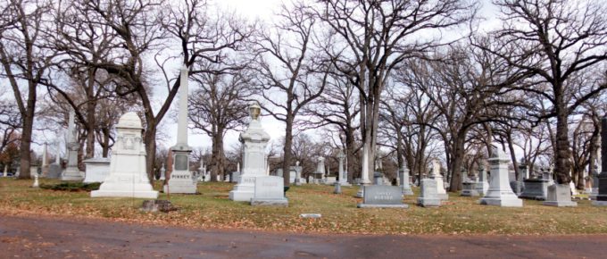 Lakewood Cemetery in the fall with amazing monuments in view.