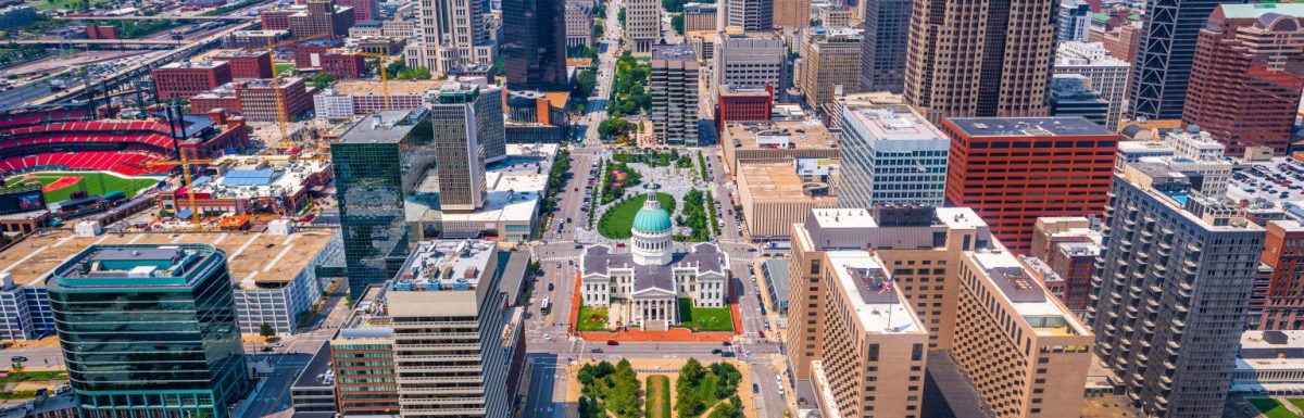 St. Louis, Missouri, USA downtown skyline from above.