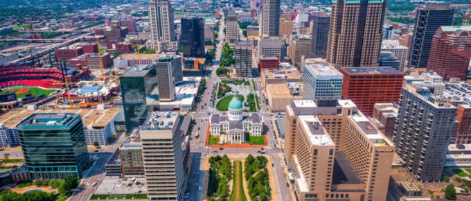 St. Louis, Missouri, USA downtown skyline from above.