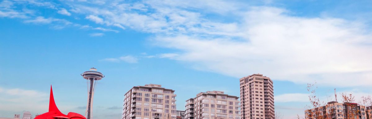 Olympic sculpture park with the view of space needle in Seattle, USA.