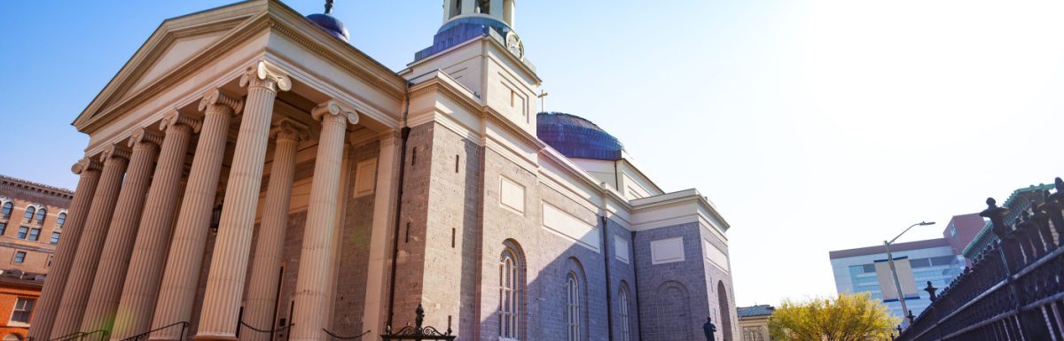 Baltimore Basilica against blue sky Maryland, USA.