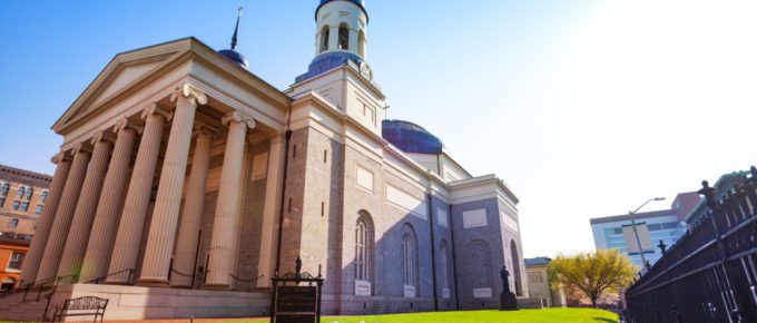 Baltimore Basilica against blue sky Maryland, USA.