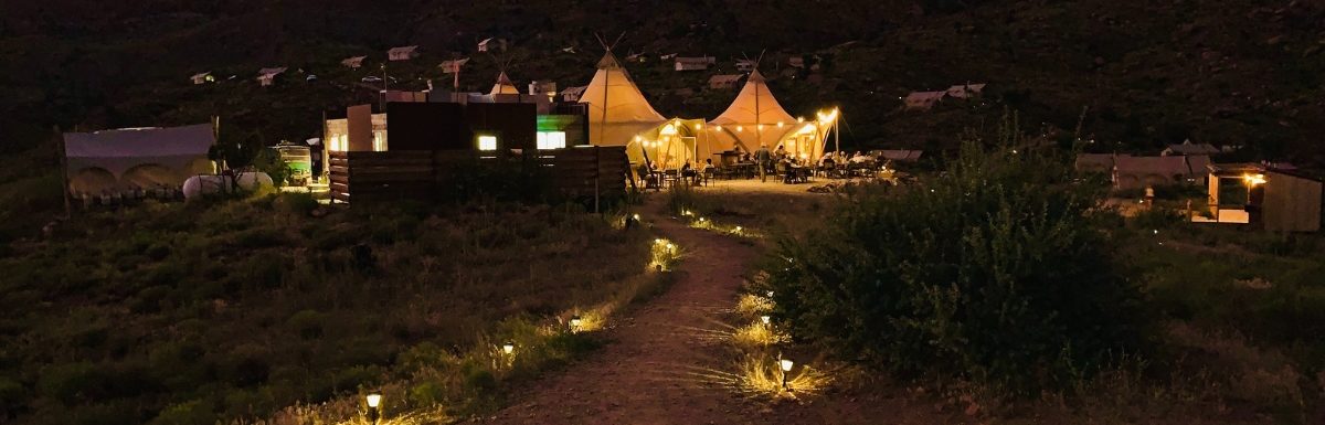 Nighttime view of glamping in Utah, USA.