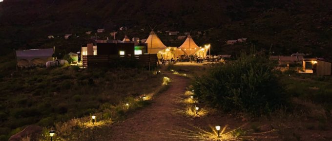 Nighttime view of glamping in Utah, USA.
