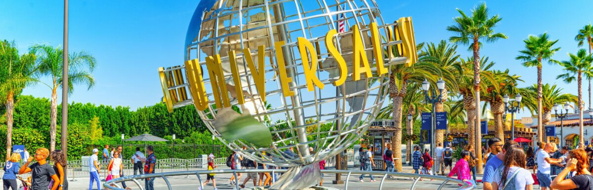 World famous park Universal Studios in Hollywood. Ball with the inscription at the entrance to the park.