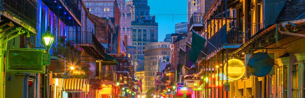 Pubs and bars with neon lights in the French Quarter, New Orleans USA.