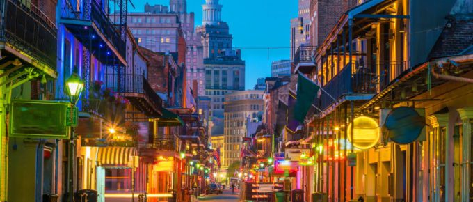 Pubs and bars with neon lights in the French Quarter, New Orleans USA.