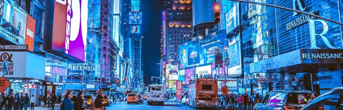 Times Square in New York City at night.