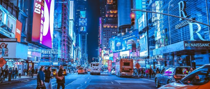 Times Square in New York City at night.
