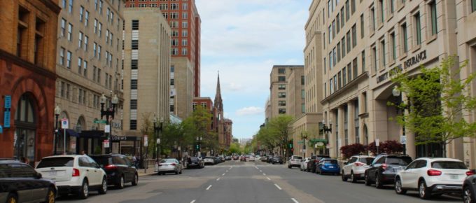 A street with cars on the side in Boston, Massachusetts, USA.