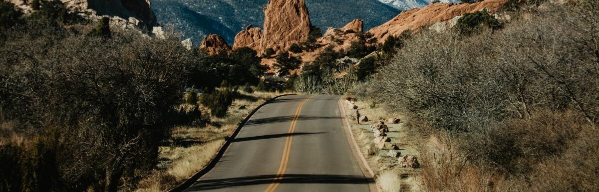 Empty road pavement in Garden of the Gods, Colorado Springs, Colorado, USA.