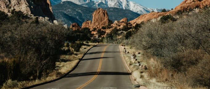 Empty road pavement in Garden of the Gods, Colorado Springs, Colorado, USA.