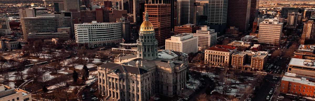 Aerial view of city buildings in Denver, Colorado, USA.