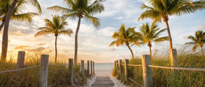 Footbridge to the Smathers beach on sunrise Key West, Florida, USA.
