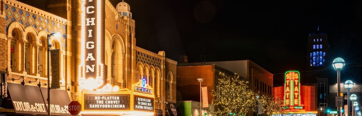 Michigan Theater and State Theater during nighttime in Ann Arbor, Michigan, USA.