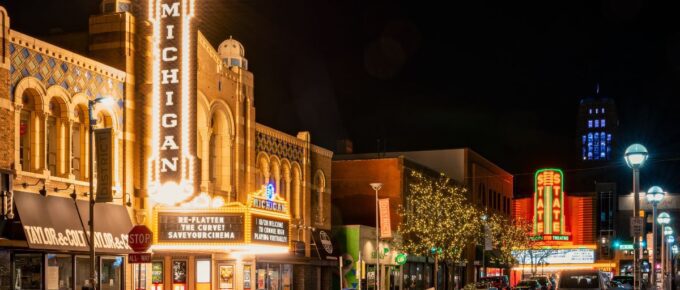 Michigan Theater and State Theater during nighttime in Ann Arbor, Michigan, USA.