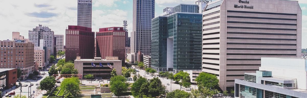 A view of buildings around Gene Leahy Mall, in Omaha, Nebraska, USA.