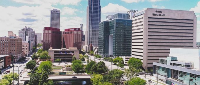A view of buildings around Gene Leahy Mall, in Omaha, Nebraska, USA.