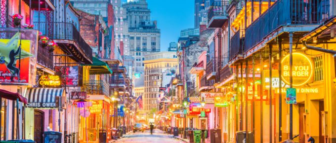 Bourbon Street in the early morning in New Orleans, Louisiana, USA.