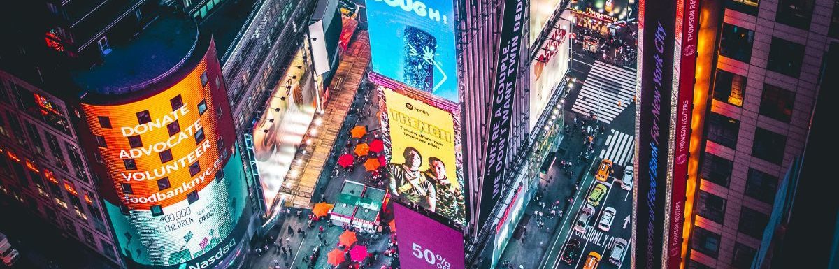 Aerial night view of Times Square, New York, United States.