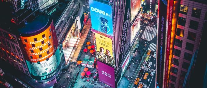 Aerial night view of Times Square, New York, United States.
