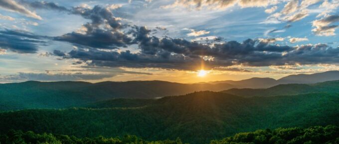 Sunset over the Appalachian mountains in Wilkes County, North Carolina, USA.
