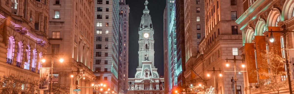 Philadelphia during nighttime in Pennsylvania, USA.