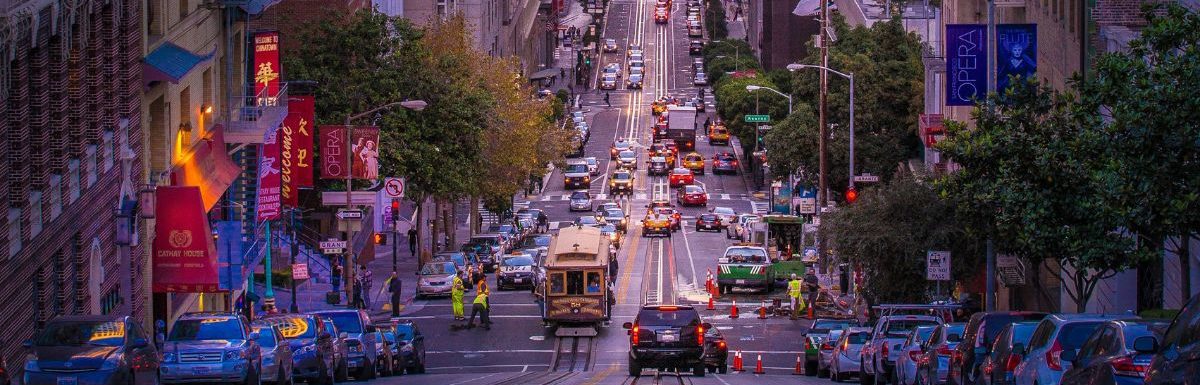 Car lor surrounded by high rise buildings in California Street, San Francisco, United States.