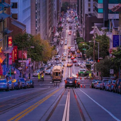 Car lor surrounded by high rise buildings in California Street, San Francisco, United States.