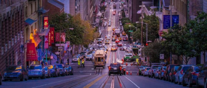 Car lor surrounded by high rise buildings in California Street, San Francisco, United States.