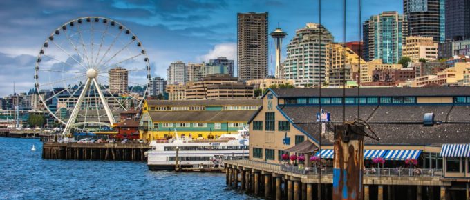 Ferris wheel near body of water in Seattle, Washington, USA.
